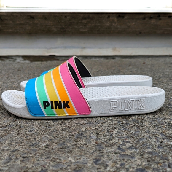Victoria's Secret Pink Rainbow Stripes Logo Single Strap Slides Sandals - Picture 5 of 7